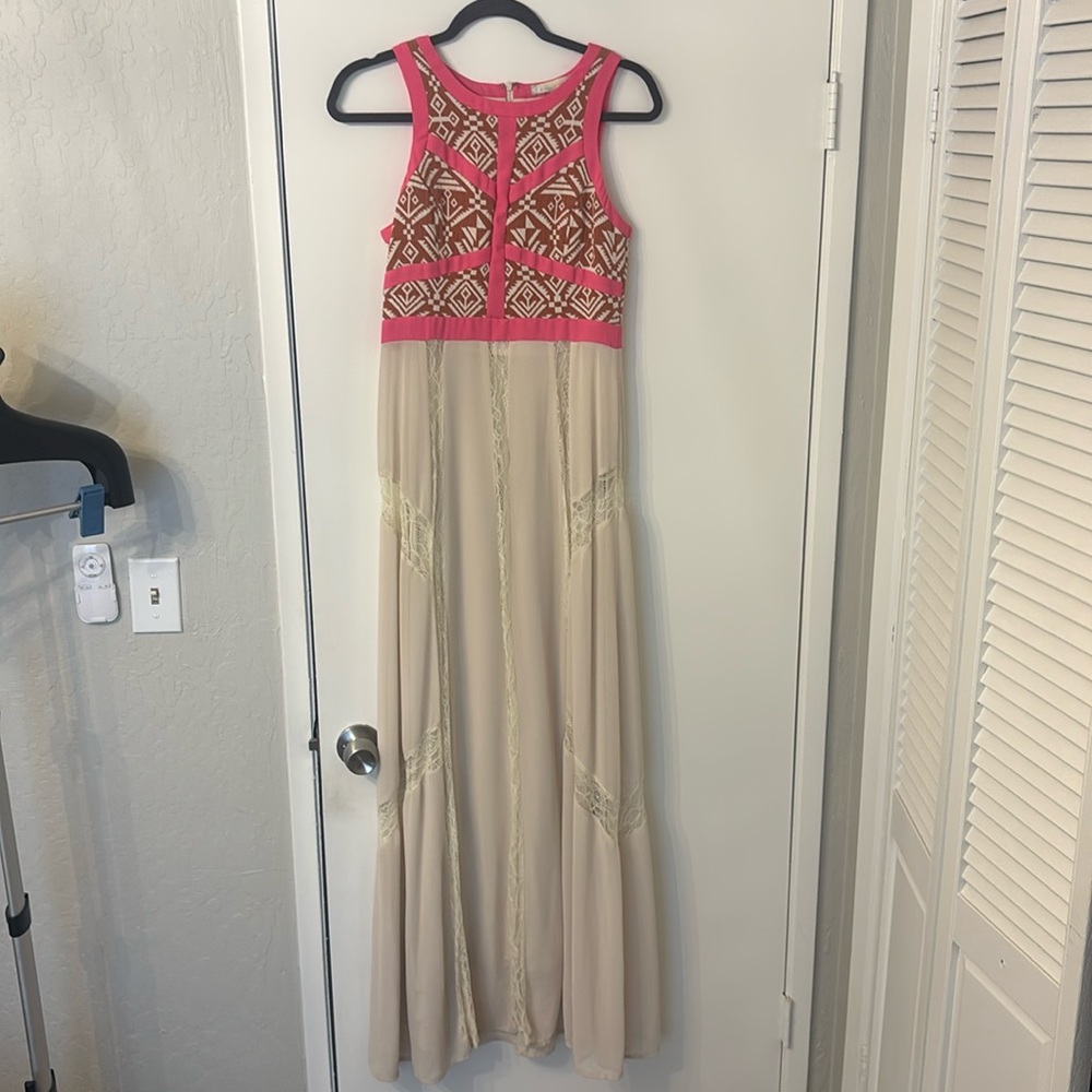 Champagne and Strawberry maxi dress with hot pink and tribal print top.